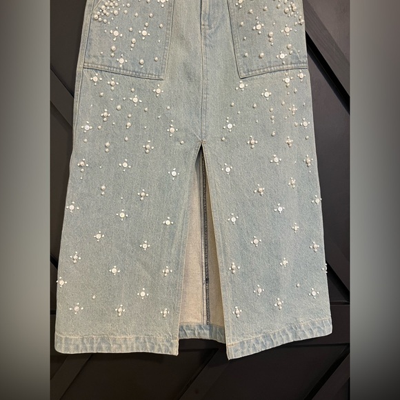 Sea Light Blue Embroidered Denim Midi Skirt - Picture 8 of 15